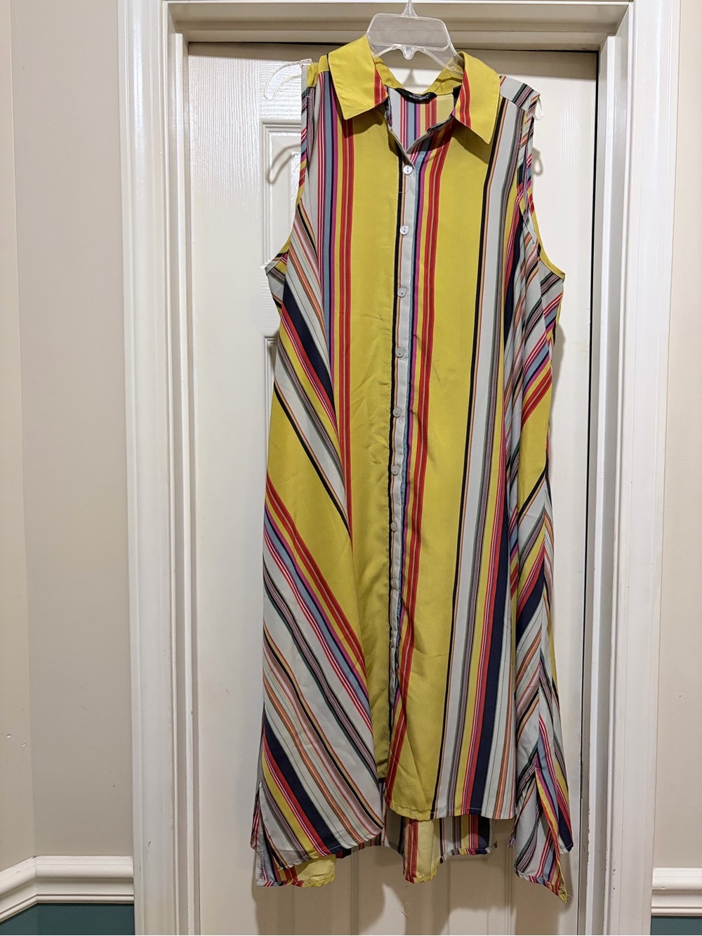 Mlle Gabrielle Yellow Multicolor Vertical-Stripe Sleeveless Button Dress